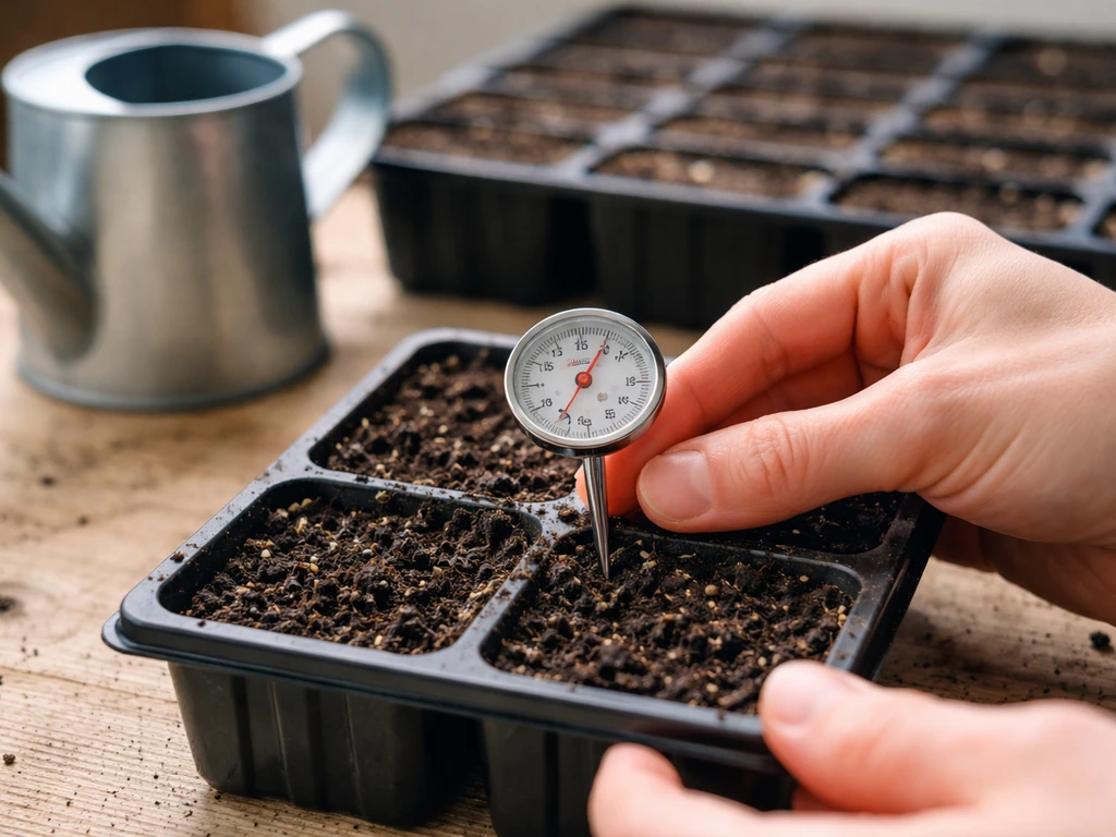 Hands insert a soil thermometer into potting mix beside seed flats and a watering can.