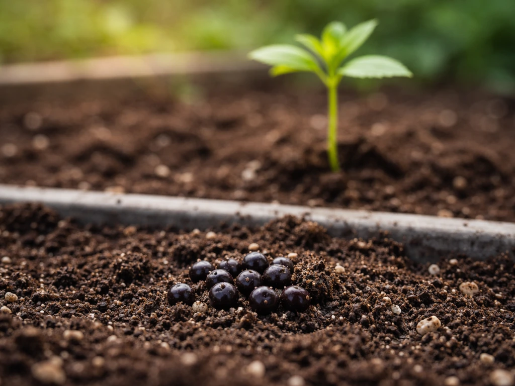 Dark elderberry seeds in soil with a young elderberry seedling in the background, sunlit and minimal.