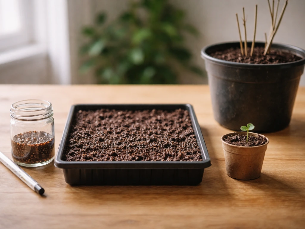 Minimal seed-starting scene with elderberry seeds, sprouting seedling, and growing pots on a wooden table.