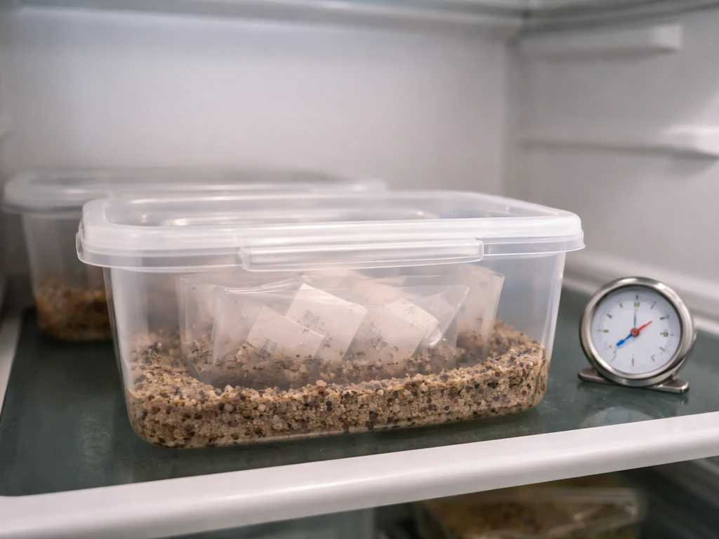 Clear container of damp seed mix on a fridge shelf next to a thermometer for cold stratification setup.