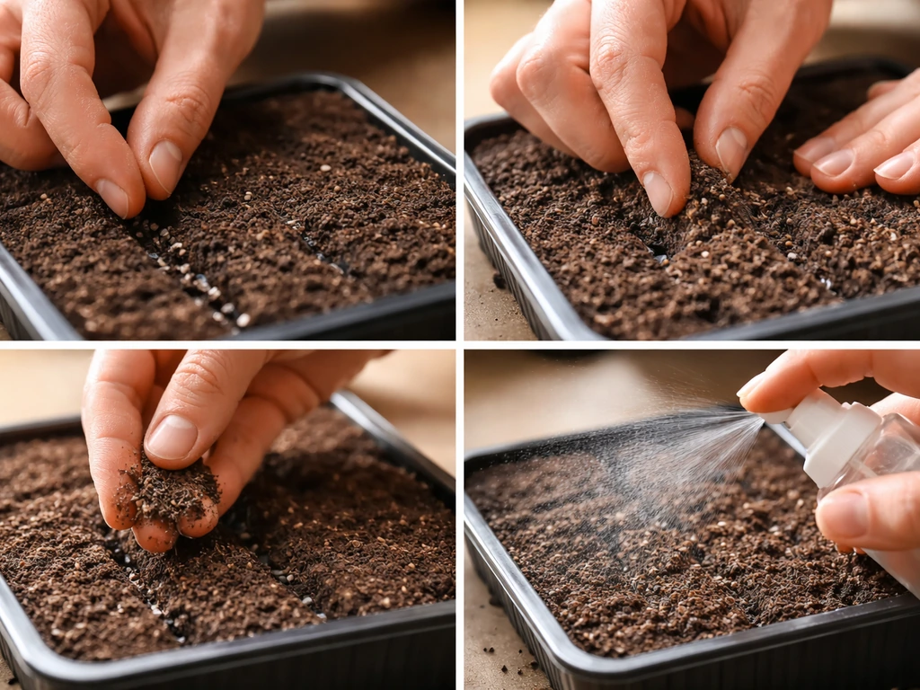 Close-up of hands sowing seeds in a small tray and misting lightly moist soil over them.