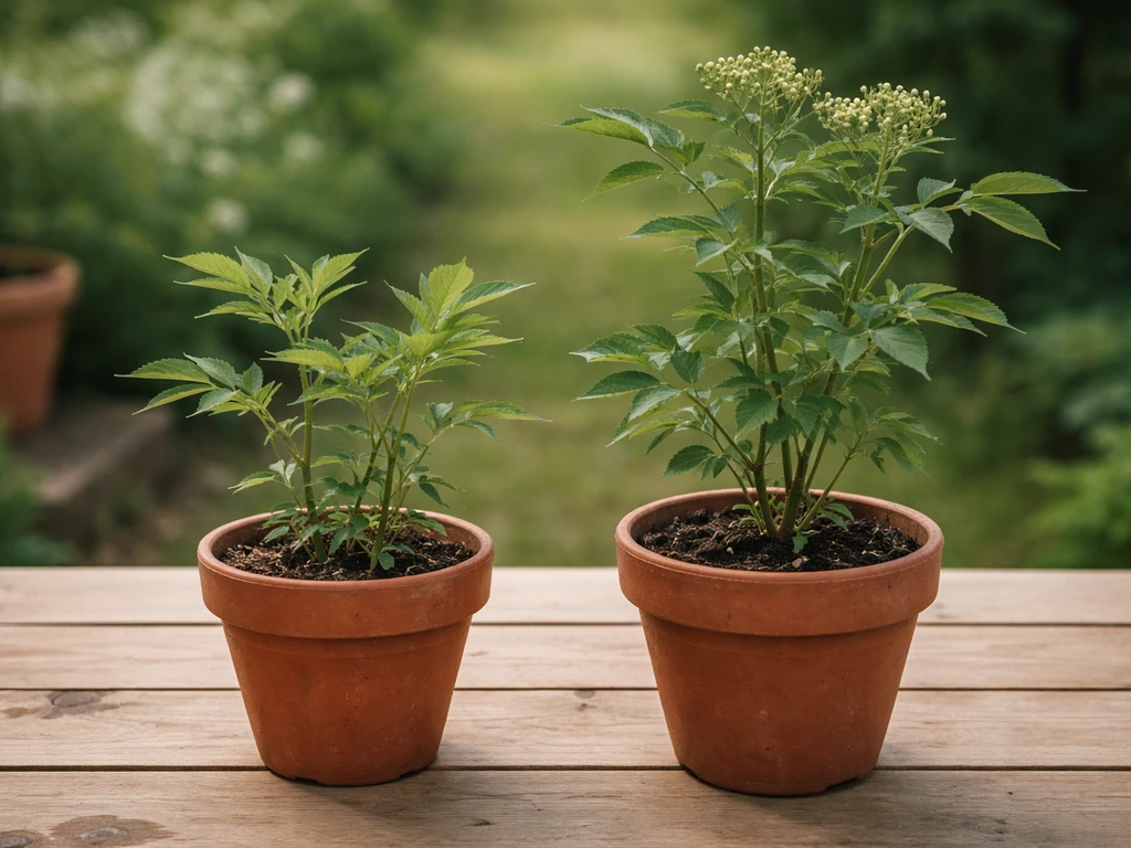 Two elderberry plants in pots showing different growth stages toward flowering, simple garden background.