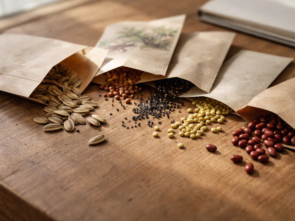 Close-up of heirloom seed packets and loose seeds on a work table, showing specialty gardening timing cues.