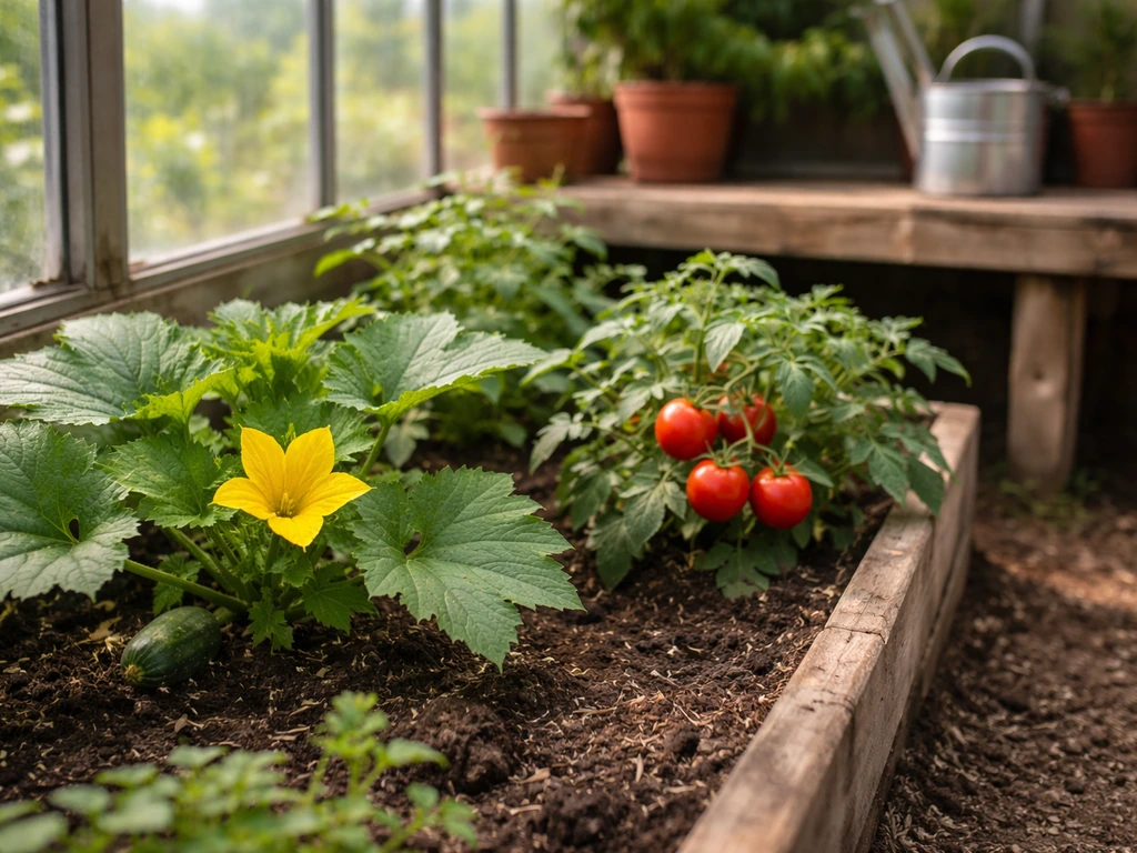 Mature flowering and near-harvest plants in a quiet greenhouse bed with ripe produce and open blooms.
