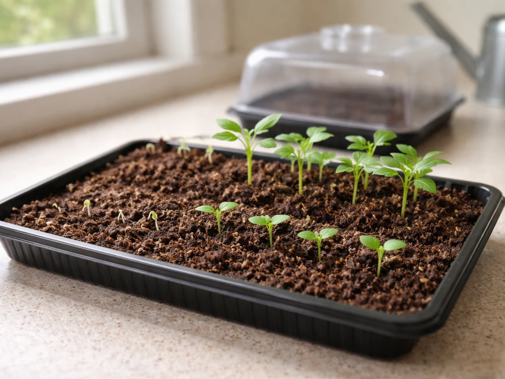 Single tray of seedlings showing germination through young growth stages, ready for transplant.