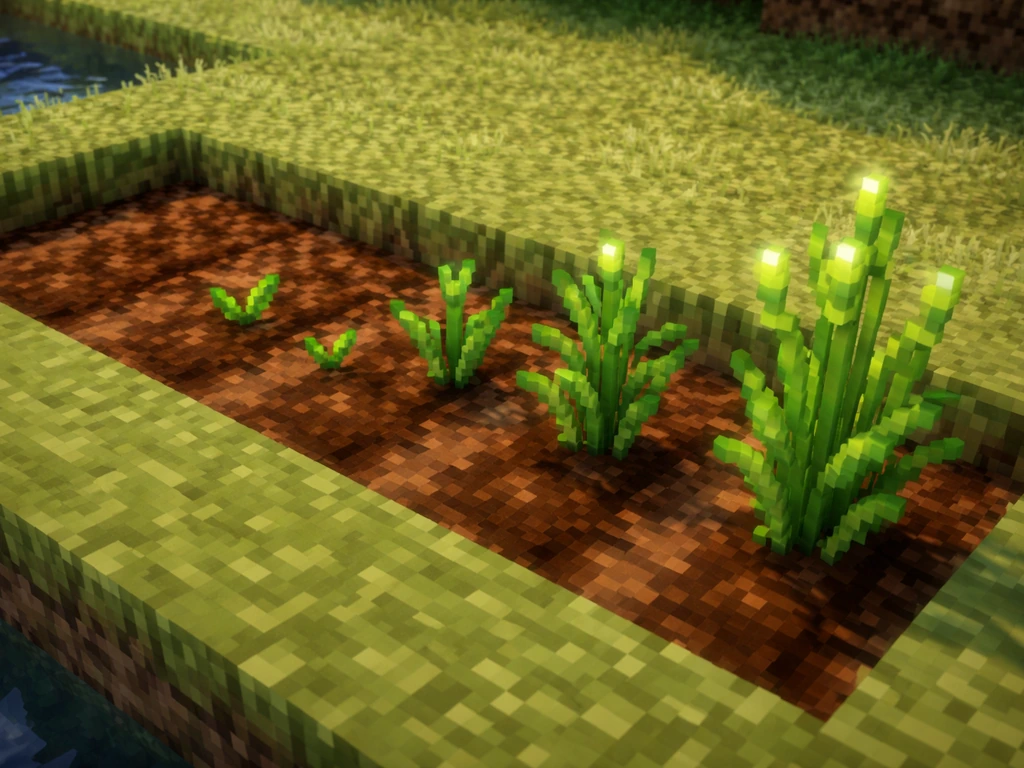 Close-up of blocky green crop stages in a Minecraft-style garden, showing seed growth progression.