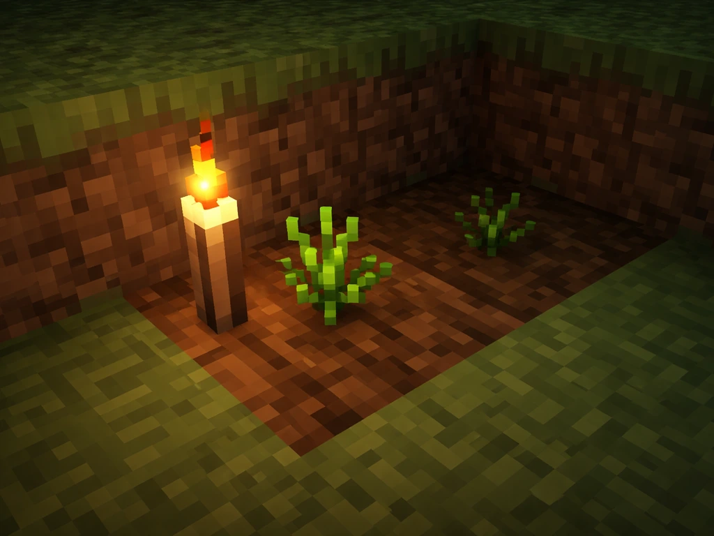Minecraft-style crop garden where low light area stalls growth near a nearby torch.