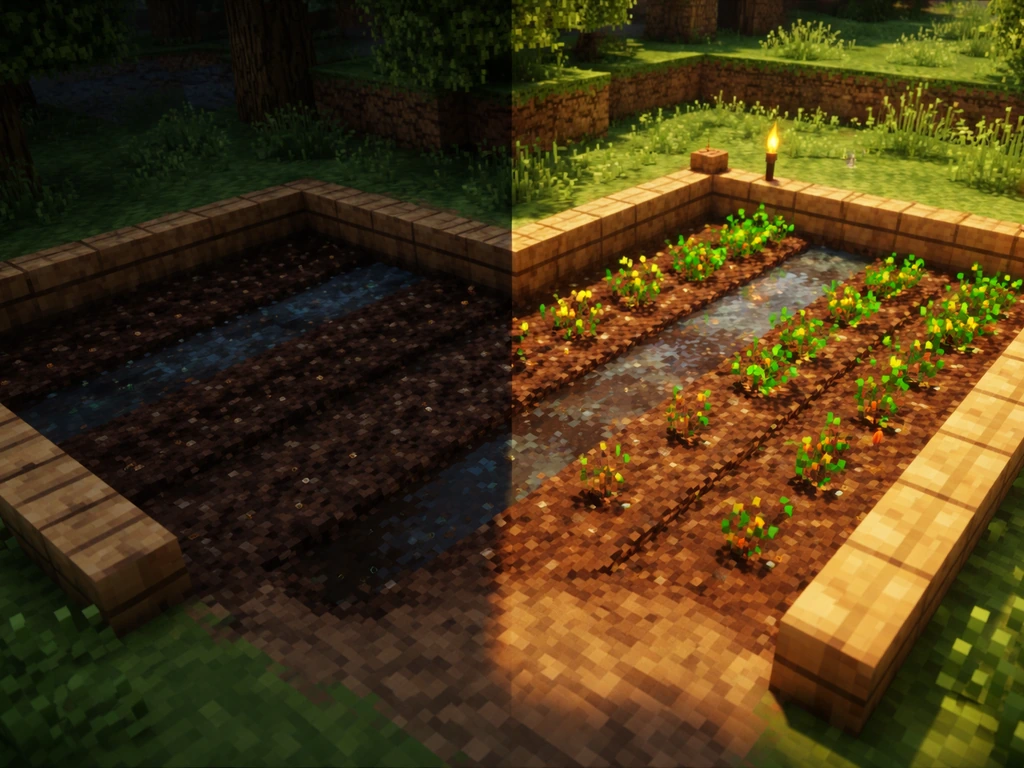Minecraft-style crop bed in two lit conditions, showing sprouts absent in dark while nearby area is correctly lit.