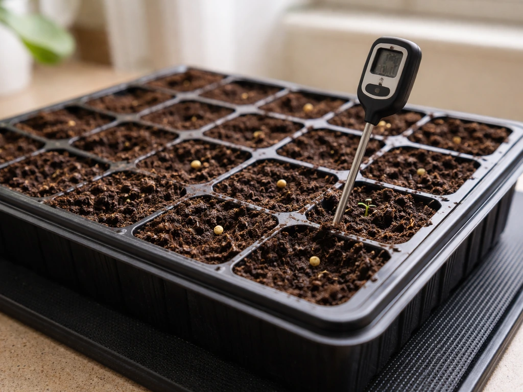 Seed-starting tray on a heat mat with soil thermometer showing warm germination conditions.