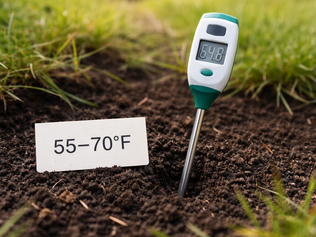 Digital soil thermometer in moist soil beside a card indicating the 55–70°F target range.