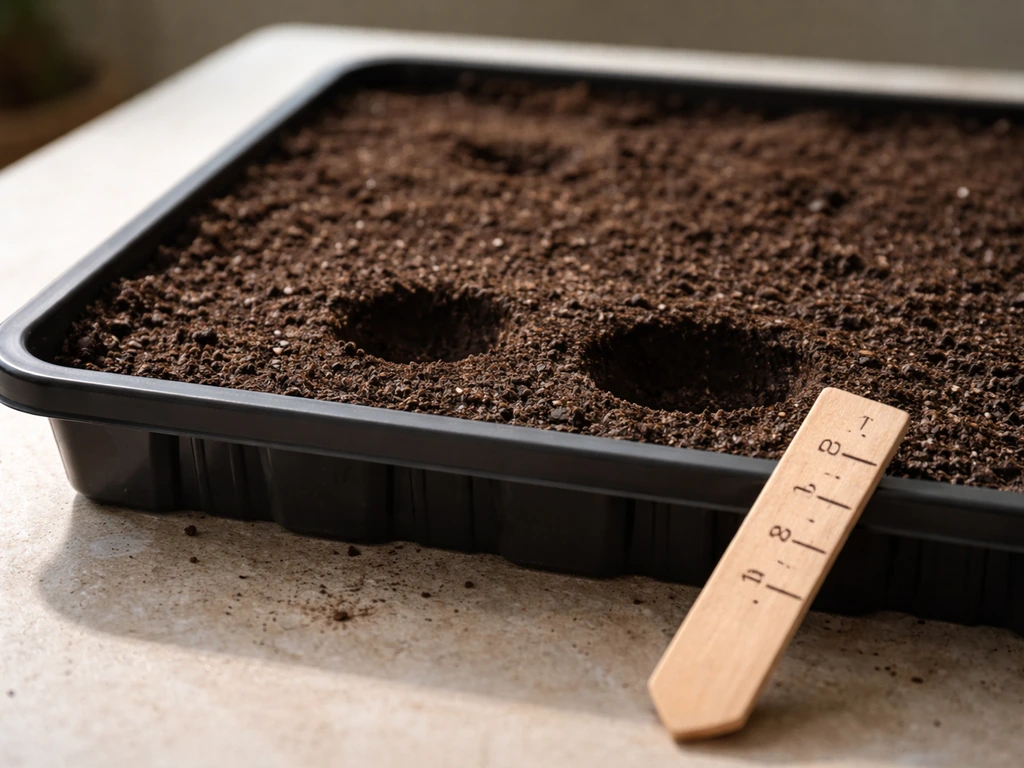 Close-up of soil in a seed tray with a ruler showing shallow vs deeper planting depth for seeds.