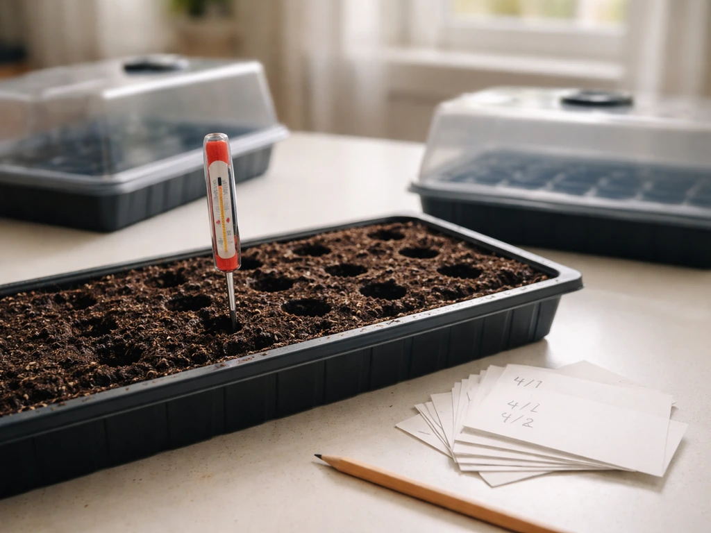 Garden seed-starting tray on a table with a soil thermometer and small notecards showing germination dates.