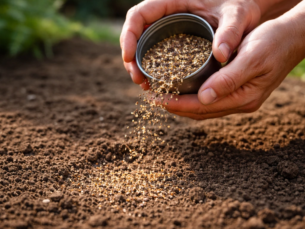 Hands pour wildflower seed mix onto prepared soil in bright sunlight, with seeds visible falling.