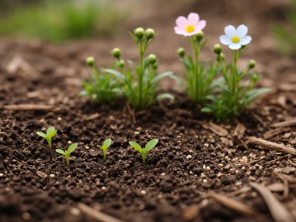 Minimal outdoor close-up of wildflower seeds sprouting and a few first blooms in early spring soil.