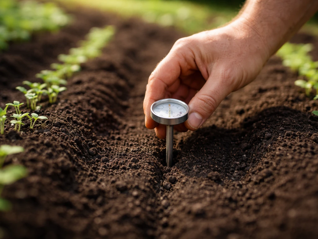 Gardener inserts an outdoor soil thermometer into prepared seedbed, with thermometer readout visible.