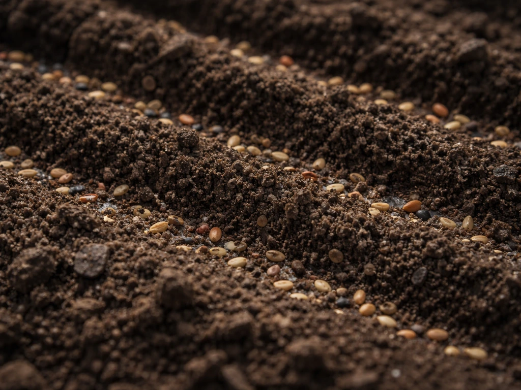 Macro view of tiny wildflower seeds lightly pressed just under shallow soil surface, with rake marks
