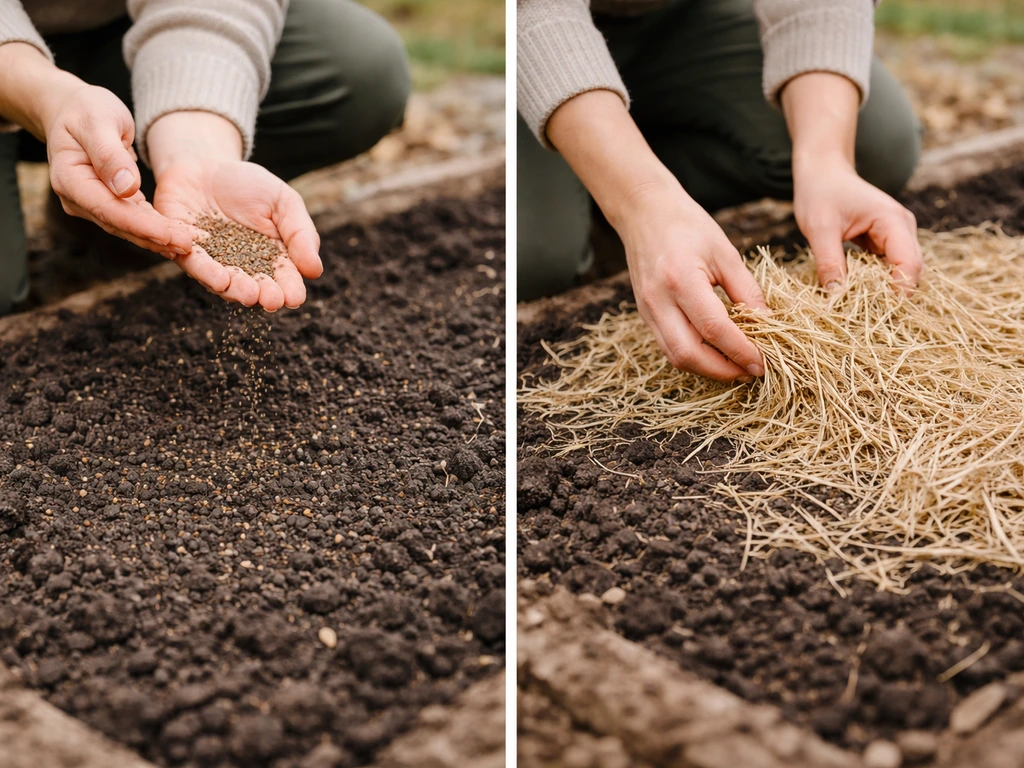 Hands sowing wildflower seeds in a garden bed and covering them with light straw mulch for winter.