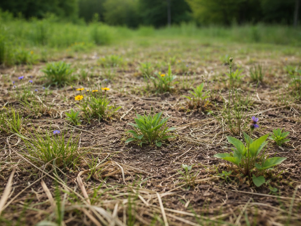 Wildflower seedlings after first-year mowing, patch cut to several inches with weeds noticeably reduced