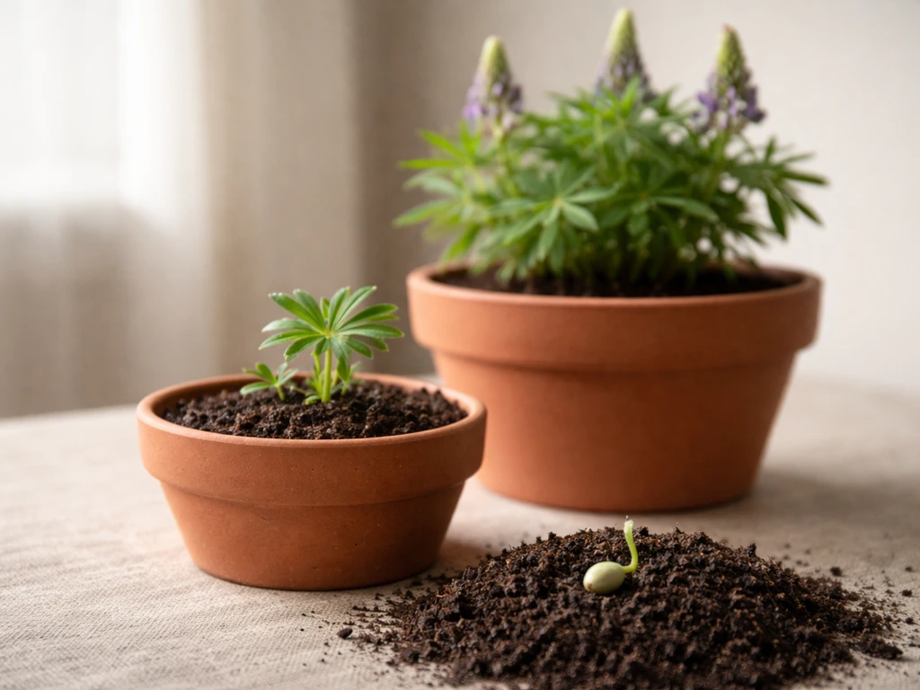 Three lupine stages in one pot: seed sprout, young seedling, and budding flowering plant under natural light.