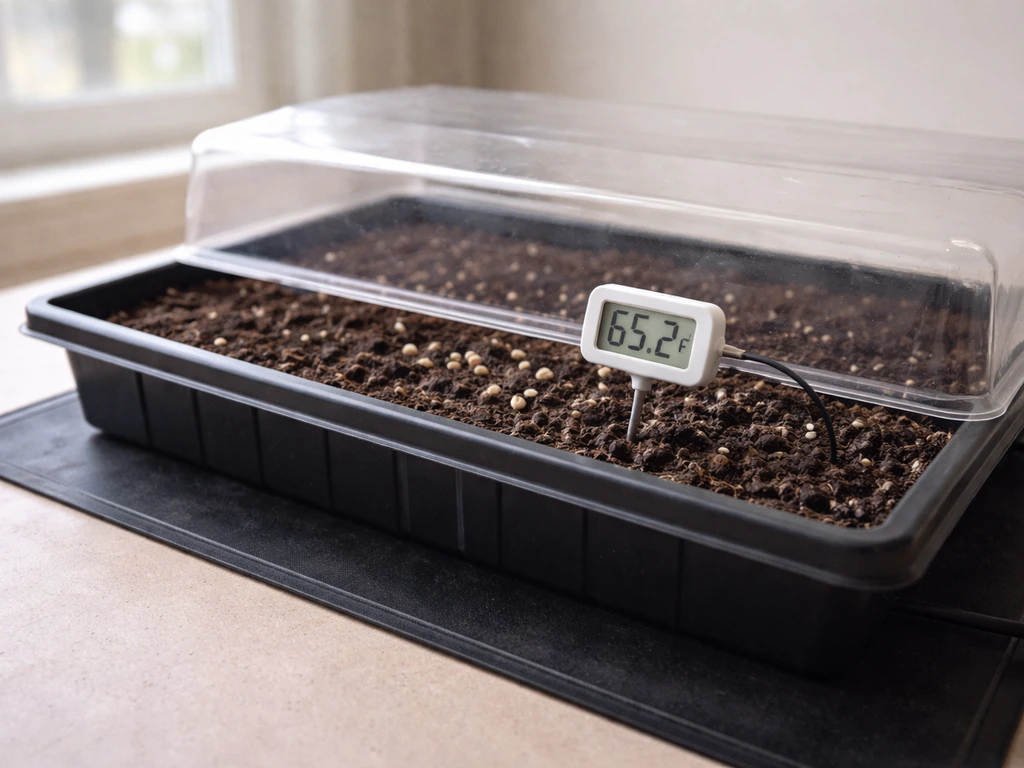 Minimal seed-starting tray on a heat mat with a thermometer showing 55–68°F near lupine seeds.