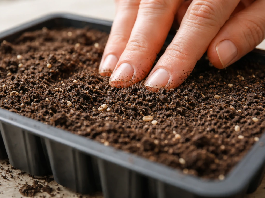 Hands gently cover lupine seeds with about 1/4 inch of dark soil in a seed-starting tray.