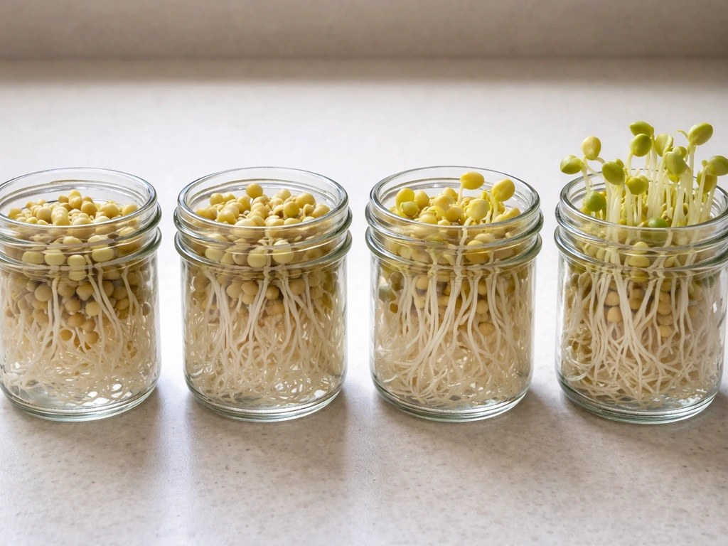 Four small mung seed sprout jars labeled by day stages, showing root length and sprout emergence