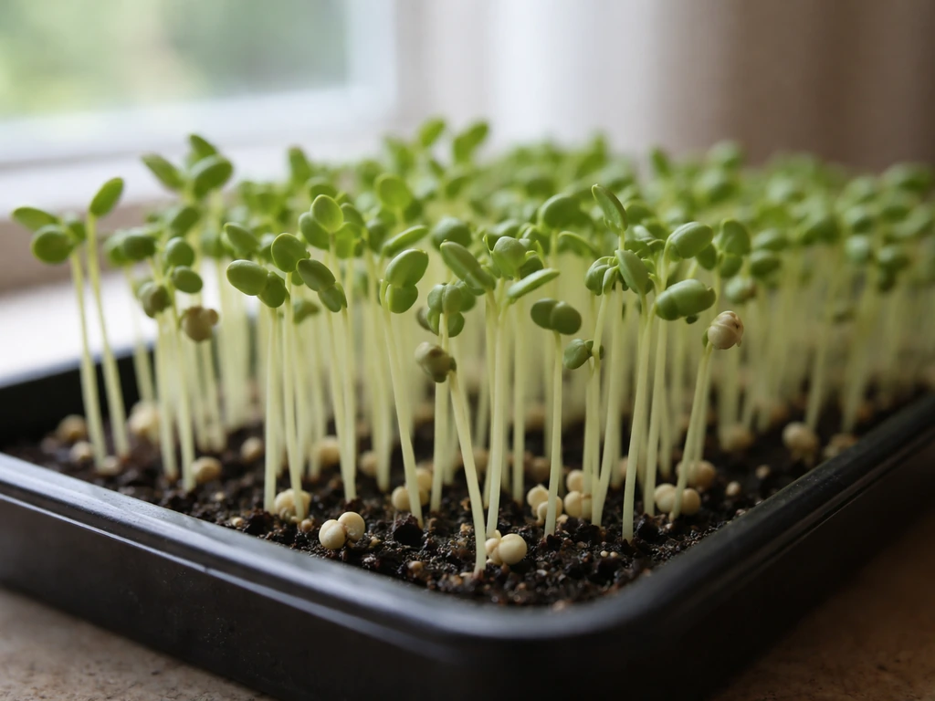 Close-up of mung bean microgreens in a shallow tray, showing upright tiny cotyledon leaves.