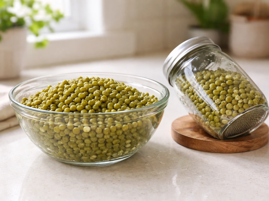 Sorted rinsed mung seeds in a bowl beside a tilted jar draining for airflow.