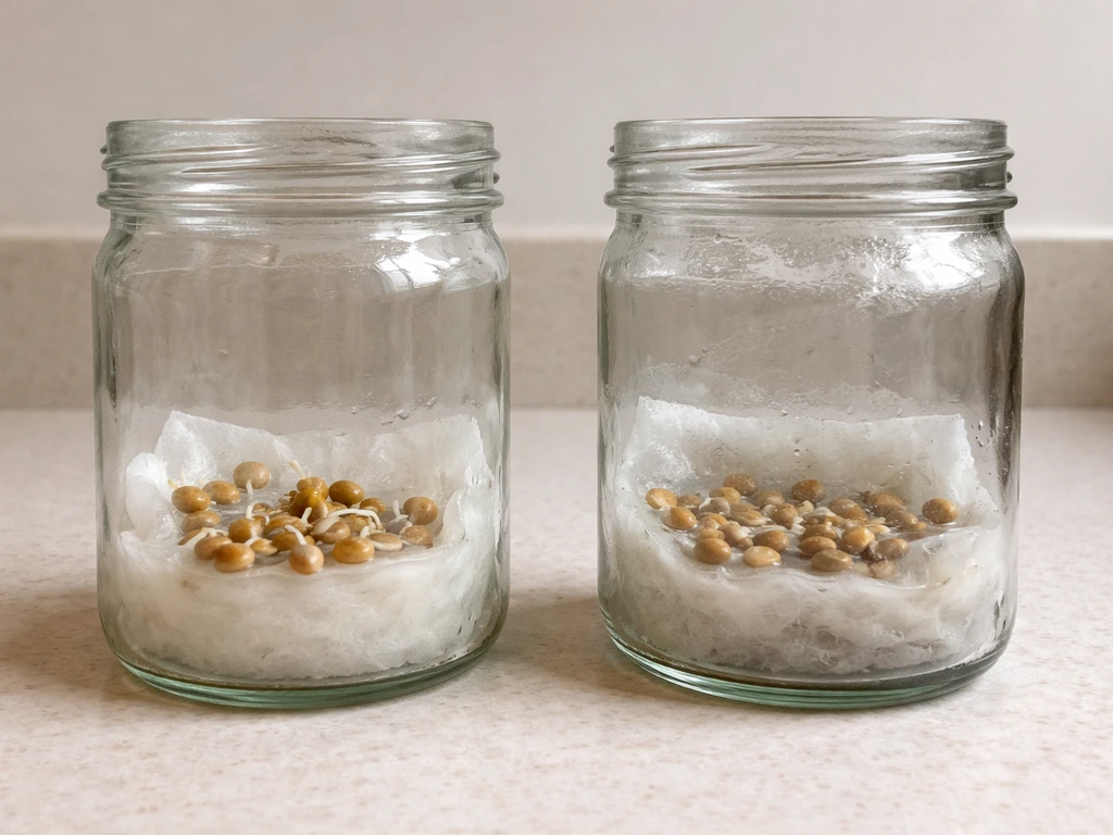Two jars of soaked seeds: one with tiny root nubs, the other mostly unchanged and drier after days.