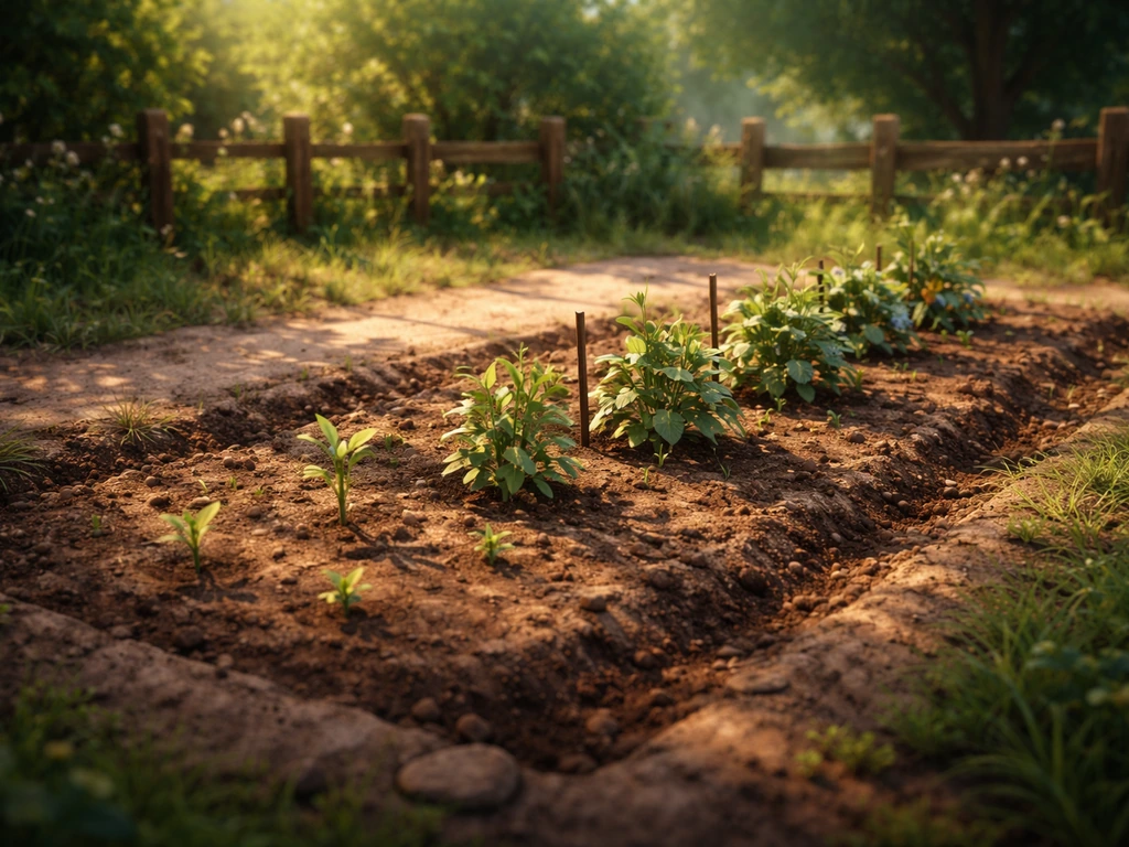 In-game Stardew Valley farm bed showing Ancient Seed plants at multiple growth stages in morning light.