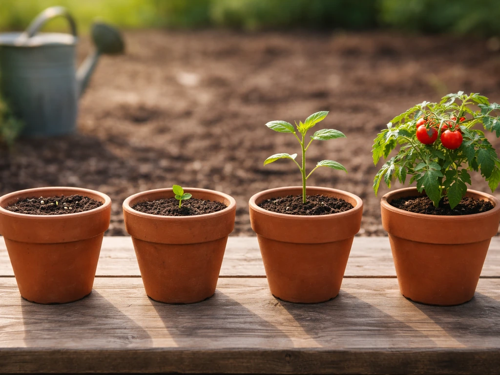 Four clay pots on a table show seed, sprout, growth, and near-ripe plant stages in sequence.