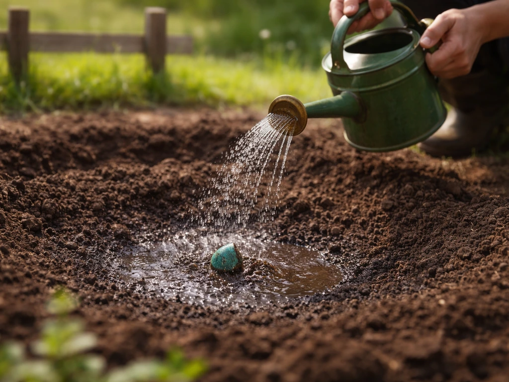 Hands watering an Ancient Seed outdoors; damp soil shows growth-day watering in a simple farm plot.