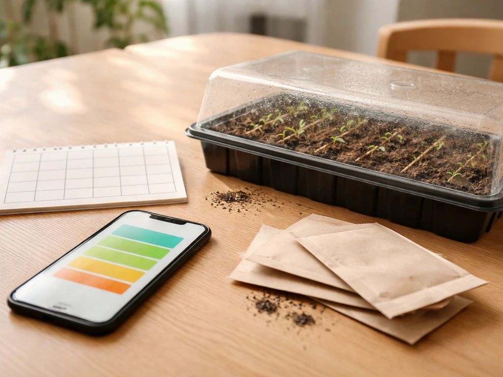 Minimal table scene with a blank calendar and a small greenhouse tray showing early seedlings planted.