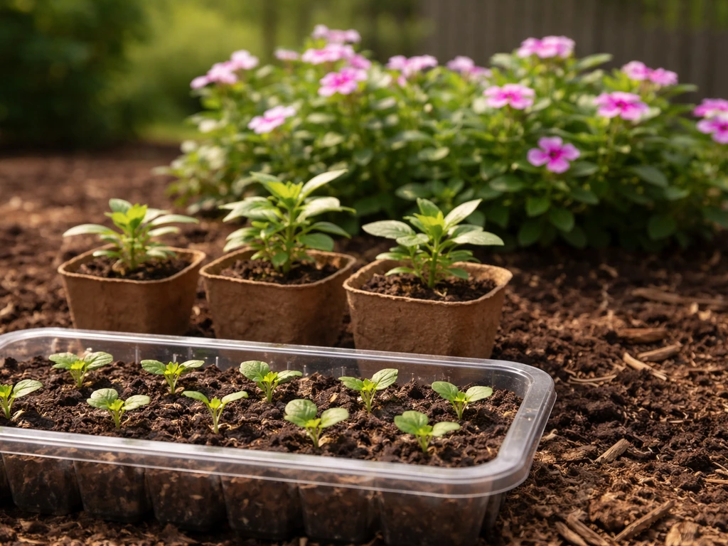 Minimal garden timeline showing vinca seedlings in trays evolving into blooming plants outdoors.
