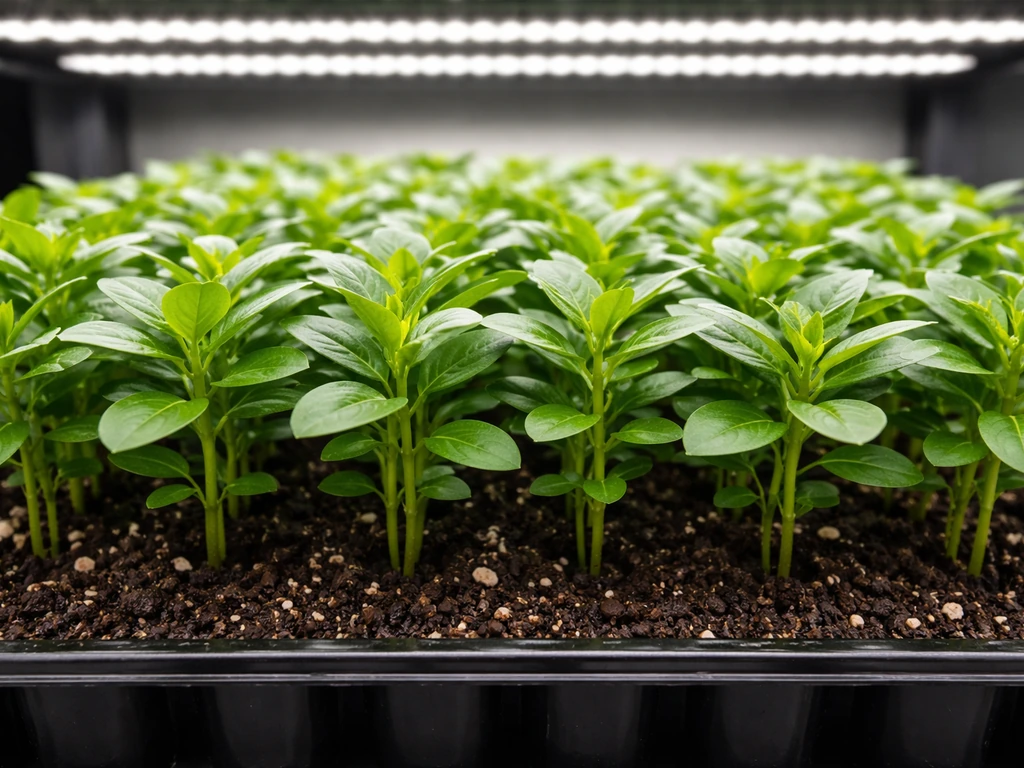 Close-up of healthy vinca seedlings under bright grow lights, forming an even canopy in minimal indoor setup.