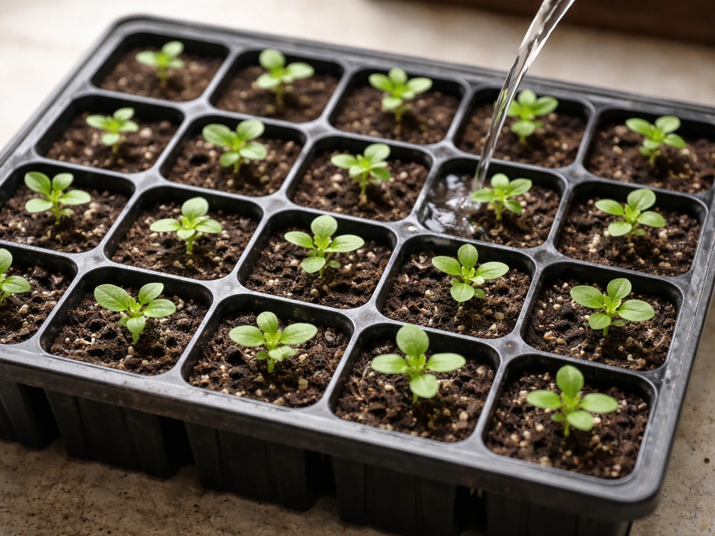 Overhead view of vinca seedlings in seed cells with evenly moist soil surface