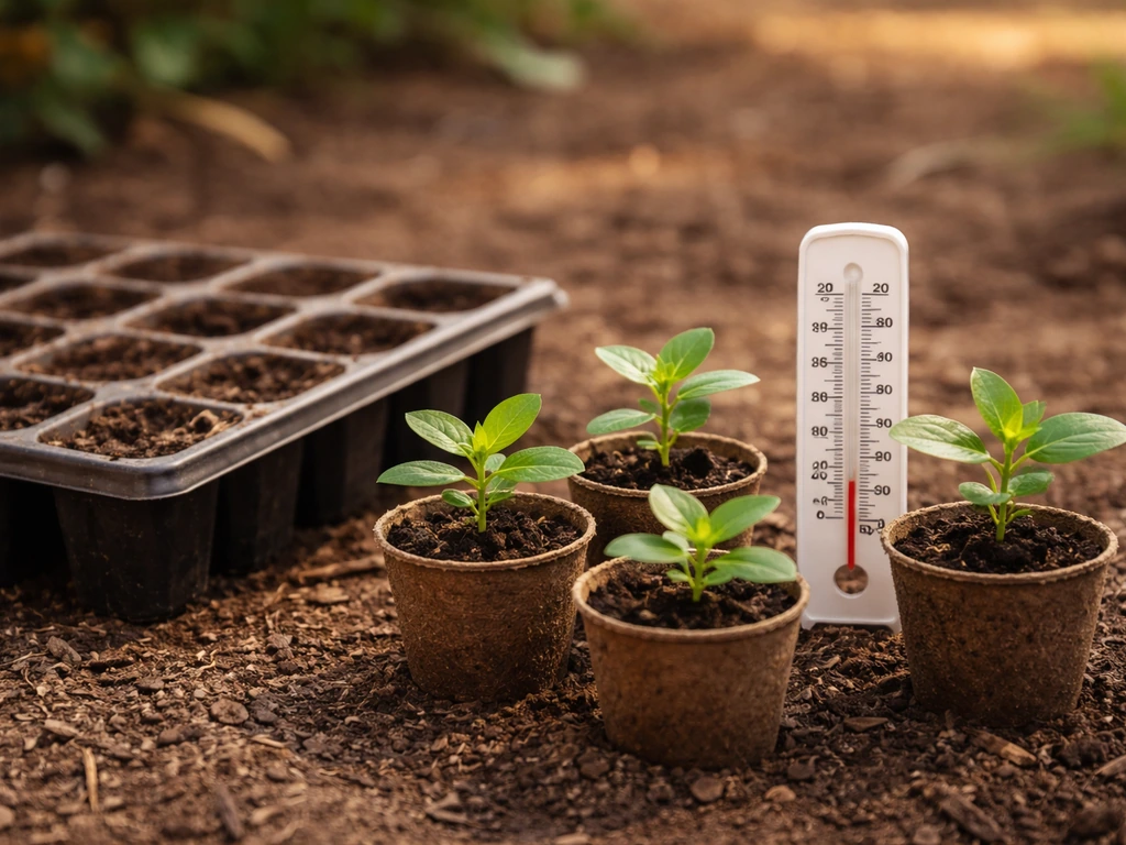 Young vinca seedlings outdoors beside a small thermometer and a seedling tray, ready for transplant