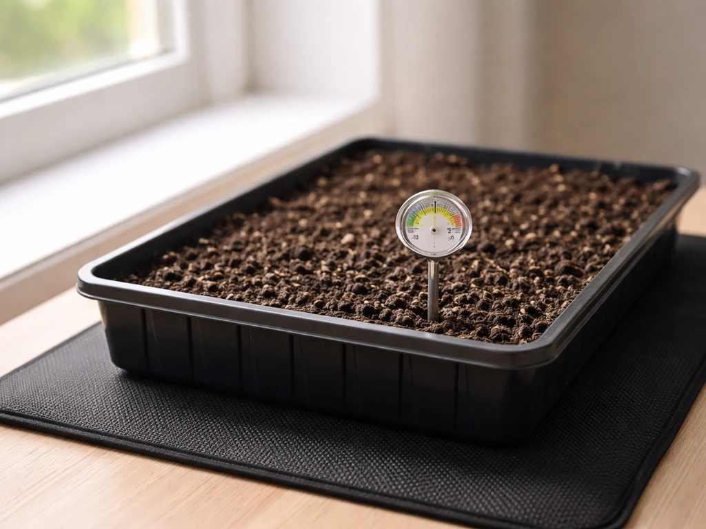 Seed tray on a heat mat with a thermometer probe checking warm soil temperature indoors.