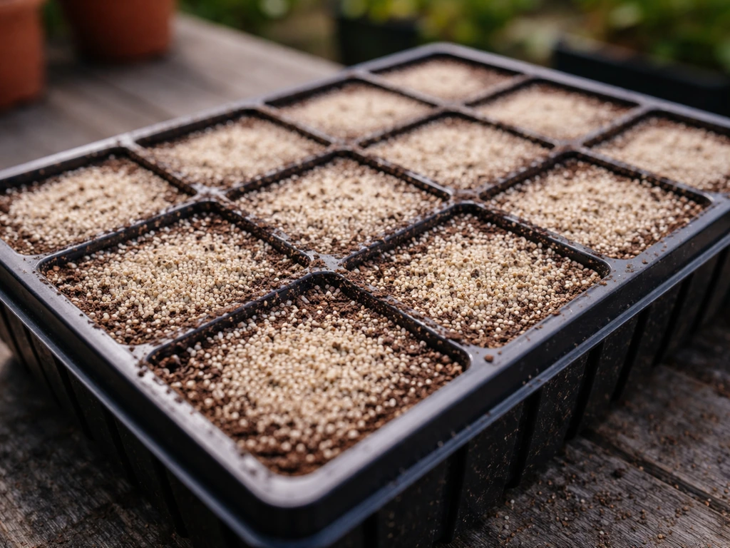 Seed tray with soil lightly covered to show about 1/8 inch burial depth and evenly spaced seeds.