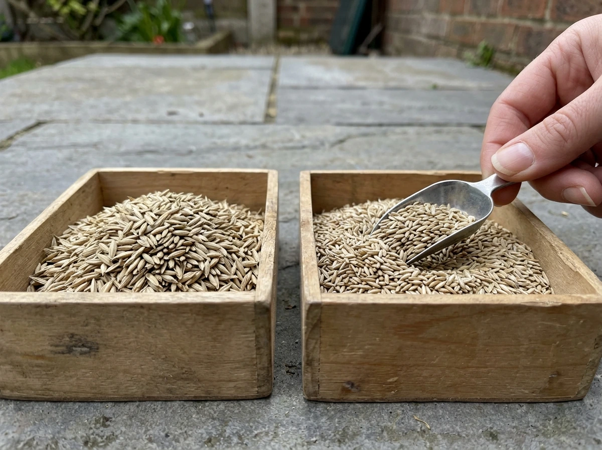 Hulled vs unhulled lawn seed showing coating differences
