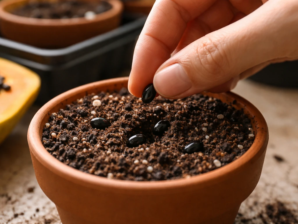 Close-up of papaya seeds being planted in a small pot with warm, moist seed-starting mix.