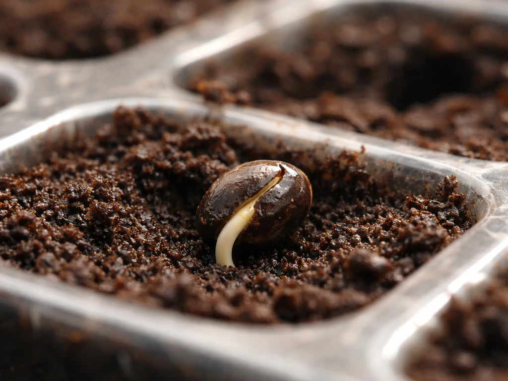 Close-up of a papaya seed sprouting with a tiny radicle emerging from moist seed-starting soil.