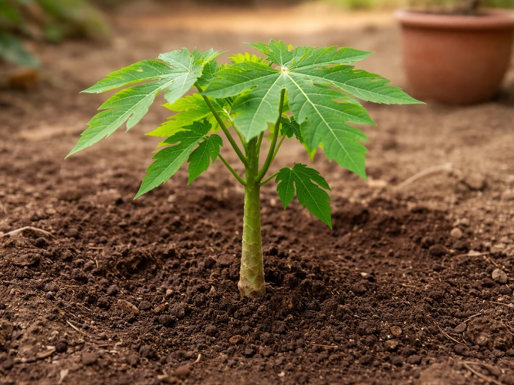 Young papaya plant with larger leaves and sturdy stem in warm soil, showing it’s past the seedling stage