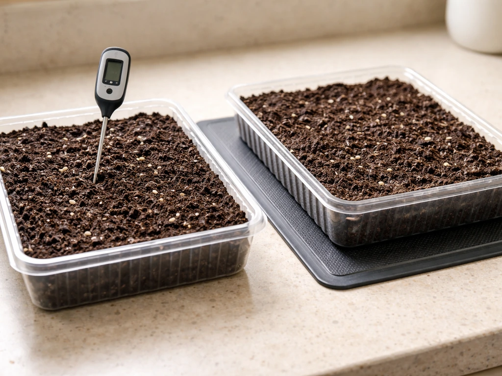 Two seed trays on a counter: one cold with a thermometer probe, one on a heat mat for warmer soil.