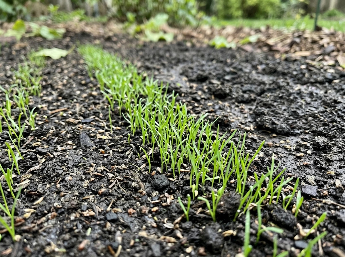 First grass sprouts emerging from moist soil in the early germination stage