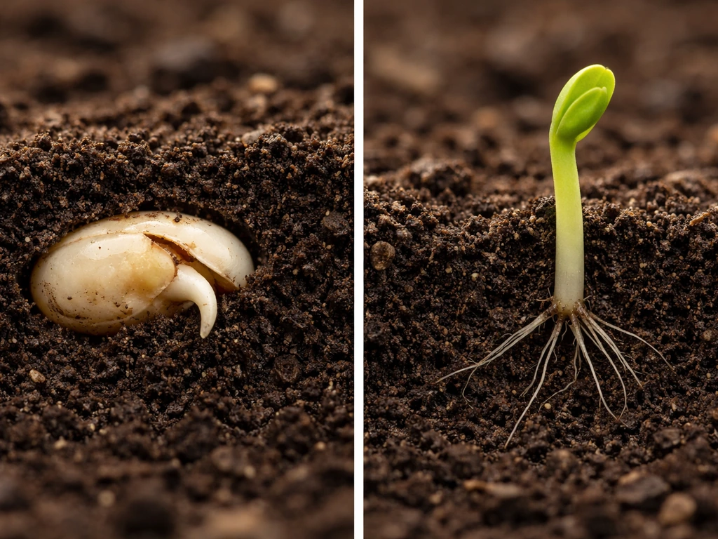Split seed showing radicle emerging next to a separate sprouted seedling above soil.