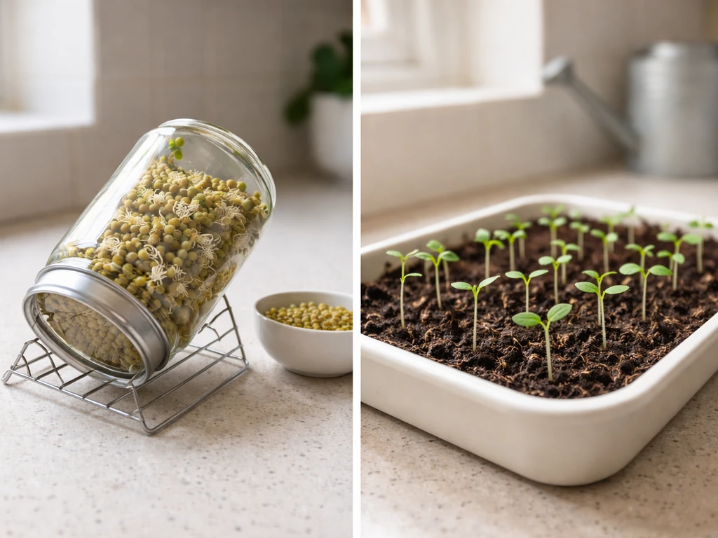 Side-by-side photo: sprouting jar with draining rack vs shallow tray of soil seedlings.