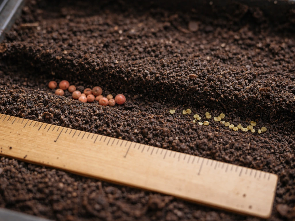 Close-up of shallowly planted radish and leafy greens seeds in moist soil beside a ruler for depth.