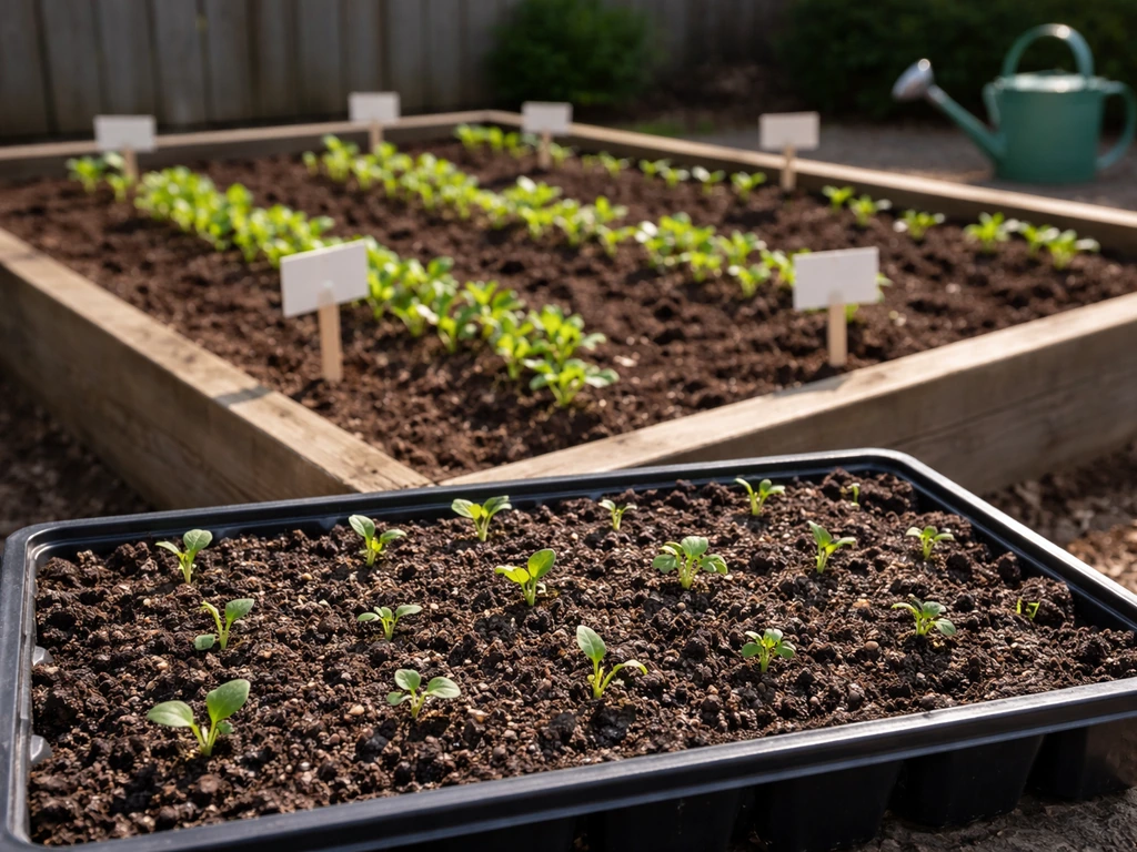 Moist seed tray and young seedlings in a garden bed, photographed in natural morning light.