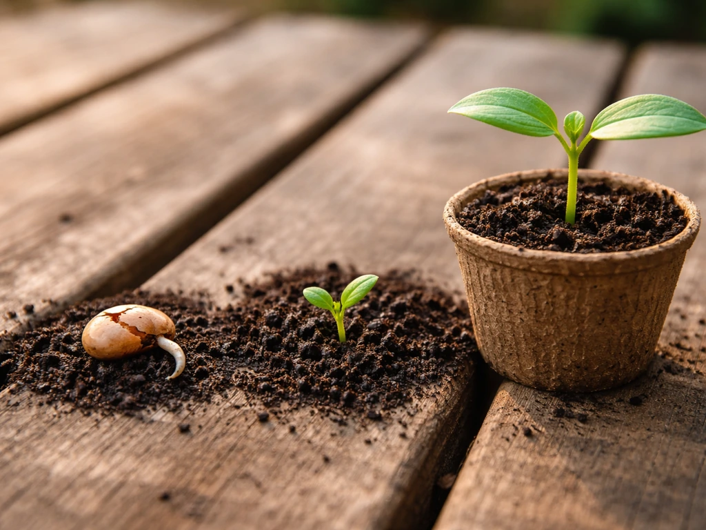 Three-stage seed growth sequence: cracked soaked seed, sprout emerging, and small seedling ready to transplant.